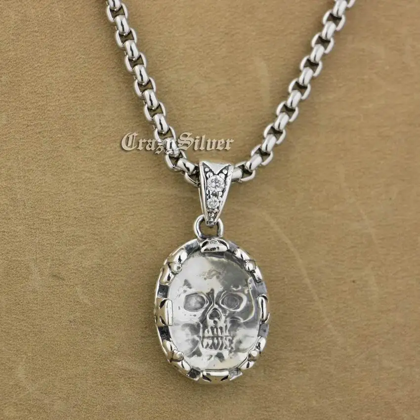 

925 Sterling Silver White CZ Skull Mens Biker Pendant 9S011
