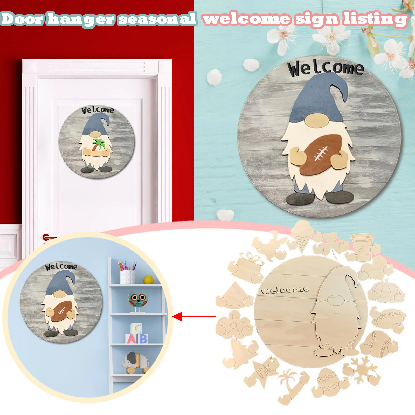 

Gnome Decoration Plaques Handmade Round Wooden DIY Seasonal Welcome Sign With Interchangeable Front Door Porch Pendant Decor