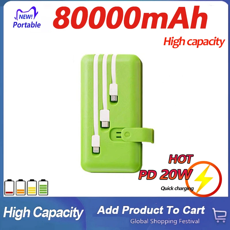 

Portable 80000mAh Own Line Power Bank Mobilephone Charger High Capacity Fast Charging External Battery for Xiaomi Samsung iPhone