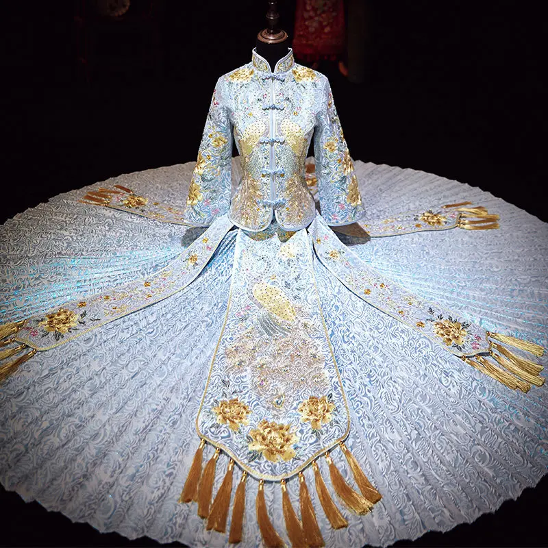FZSLCYIYI классическое голубое платье Ципао для невесты Свадебный костюм стразы с