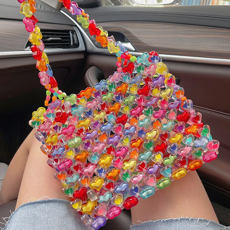 

Women Single-Shoulder Bag Portable Multipurpose Heart-Shaped Beads Handbag for Travel Shopping