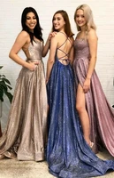 glitter squined prom dresses long 2021 sexy split evening party dress for women with pocket criss cross backless robe de soiree