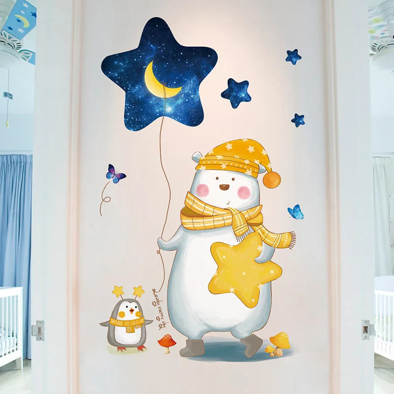 [SHIJUEHEZI] медведь Пингвин Животные наклейки на стену виниловые DIY звездное небо Луна Наклейки на стены для детской комнаты детские украшения дома