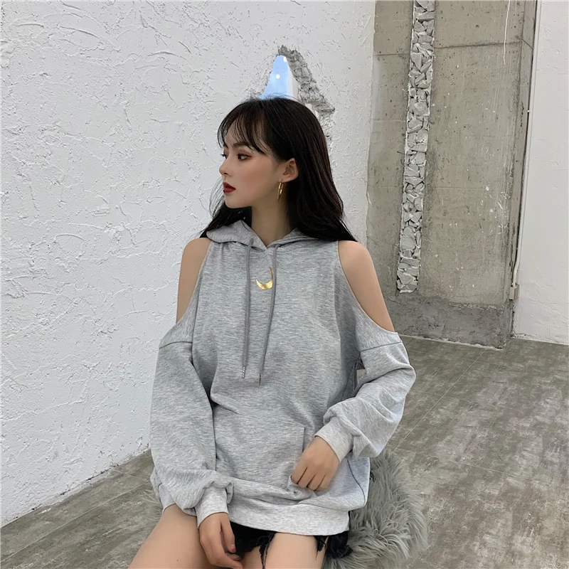 

Japanese Harajuku Women Streetwear Hoodies Hooded Black Gray Off The Shoulder Oversize Pullover Korean Ulzzang Gothic Moon Tops