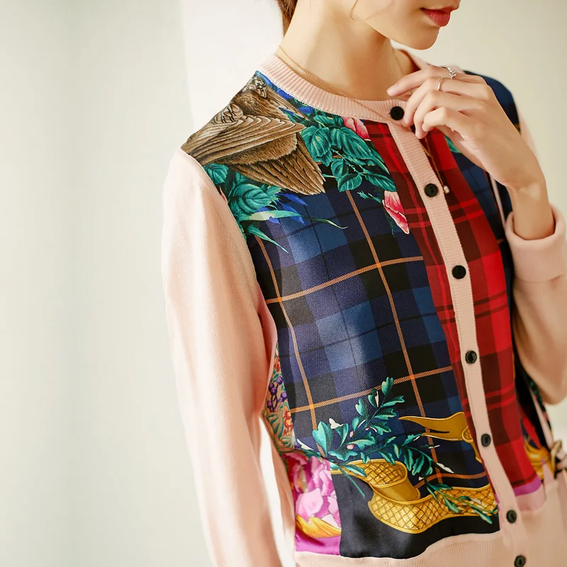 

Птиц и цветов, новинка, платье с цветочным рисунком в клетку с принтом Топ без рукавов для женщин весна Шелковый Сращивание трикотажа кардиг...