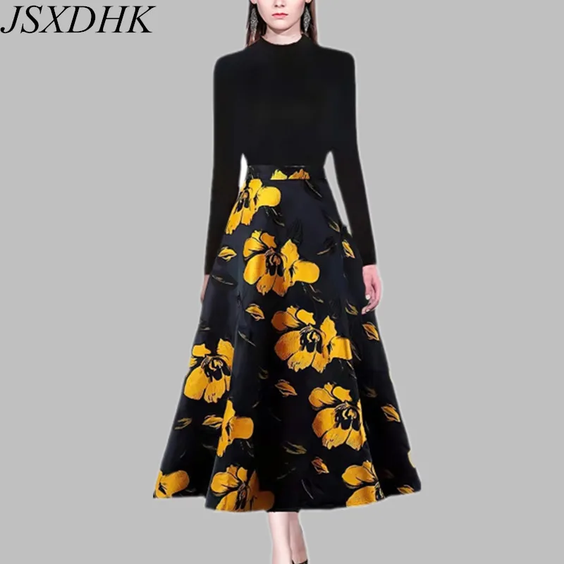 

JSXDHK New Runway Autumn Winter Two Piece Set Women Long Sleeve Knit Black Sweater +High Waist Flower Print Big Swing Skirt Suit