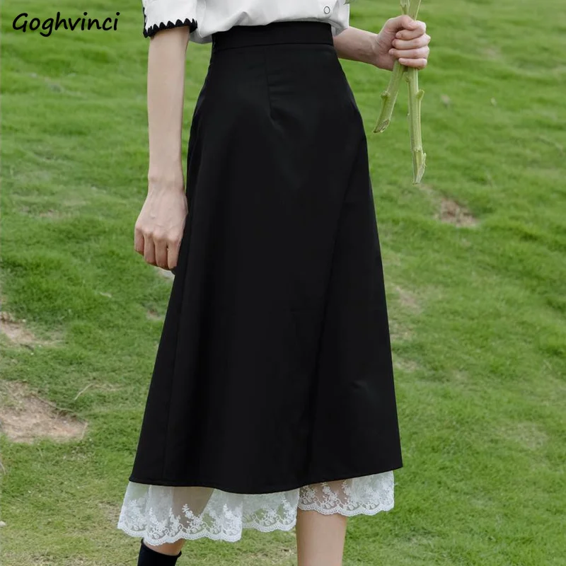 

Black Skirts Women Mid-calf Lace Patchwork Elegant Simple Fashion Leisure All-match Summer A-line Temperament Soft Tender Lady