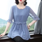 Женские весенне-летние стильные шифоновые Женские Блузки Рубашки повседневные длинные блузы в горошек с расклешенными рукавами ZZ0215