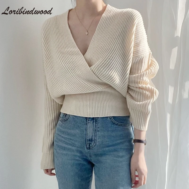 

Loribindwood 2021 корейский шикарный дизайн с перекрестным v-образным вырезом свитер Темперамент Талия нежный вязаный свитер Топ свободный осенний...