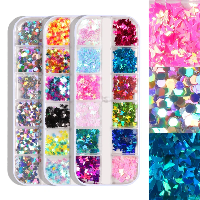 

12 Grids Nail Glitter Butterfly Round Five-pointed Star Geometric Pattern 9 Kinds of 3D Nail Accessories In Sequin Mixed Colors