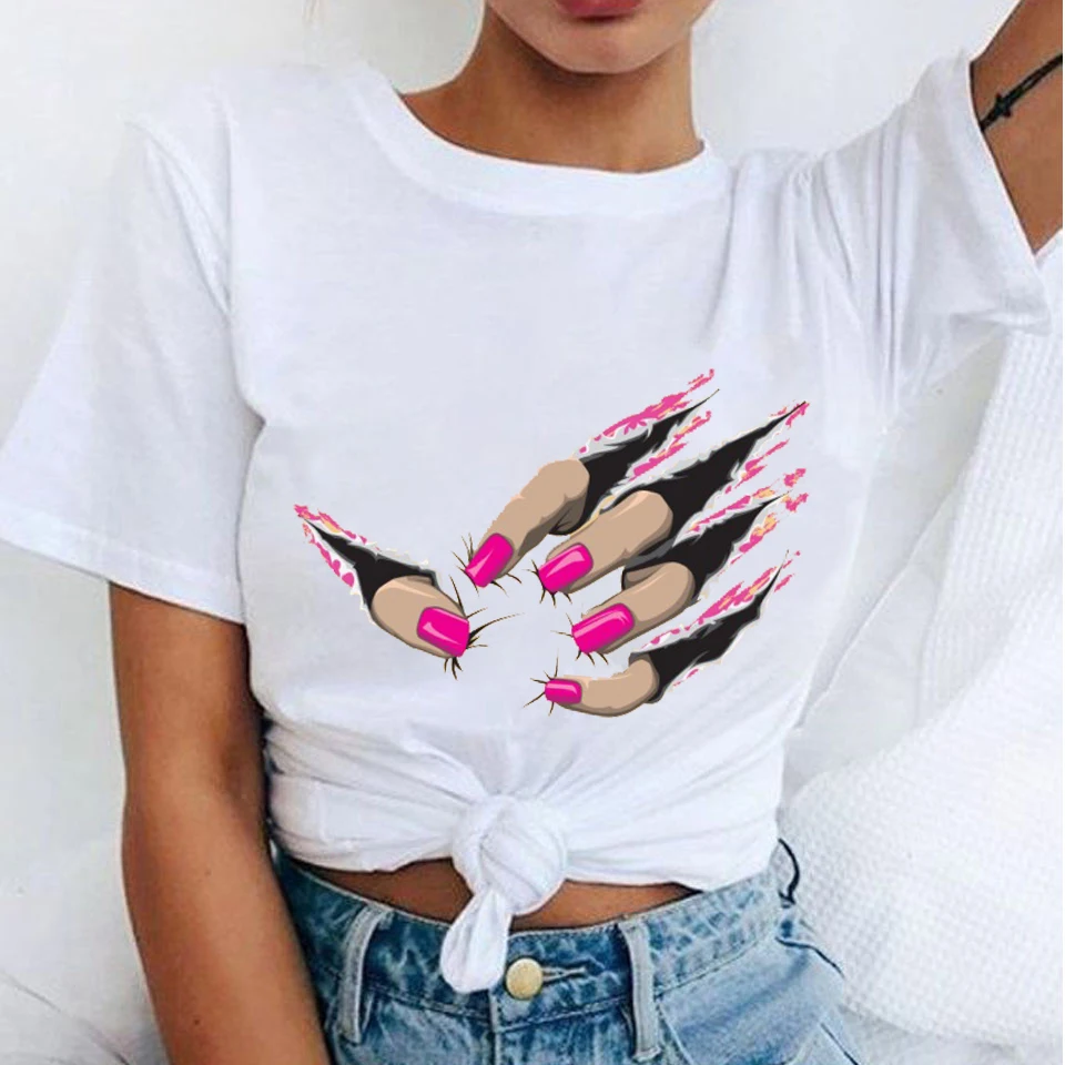 

Женская футболка Kawaii, розовая футболка с короткими рукавами и принтом «ногти», повседневные топы с графикой, летняя женская футболка