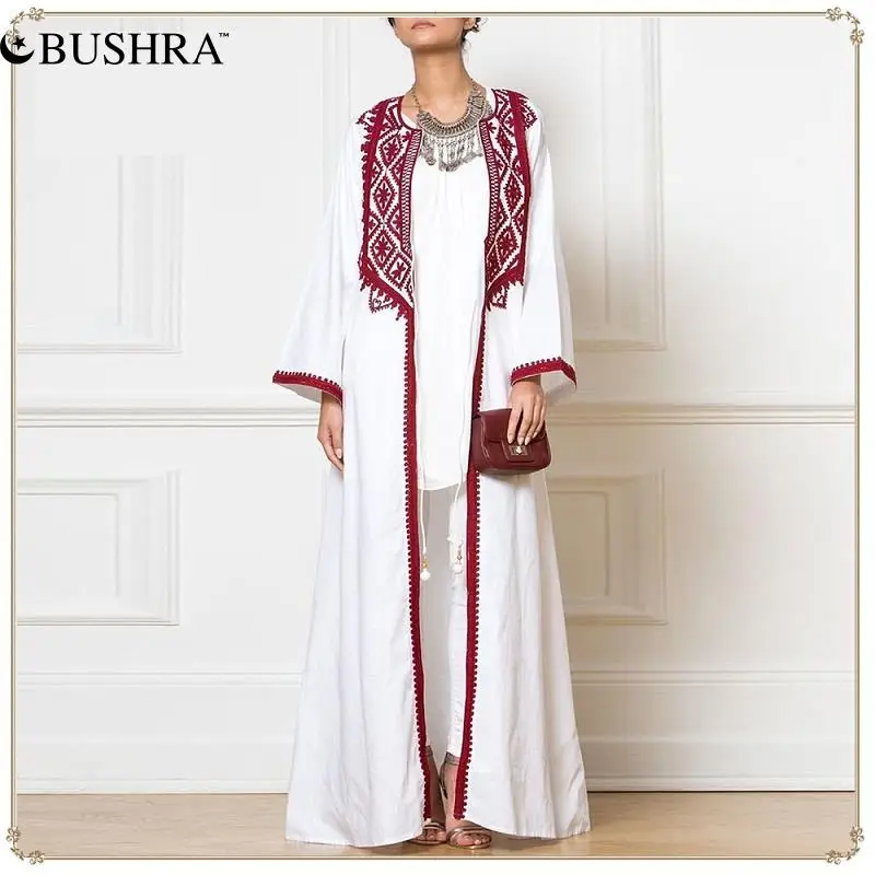 

BUSHRA 2022 New Fashion Muslim Gown Cardigan Arab Middle East Dubai Dress Red And White Teeth, Lace LR188 Long Dress