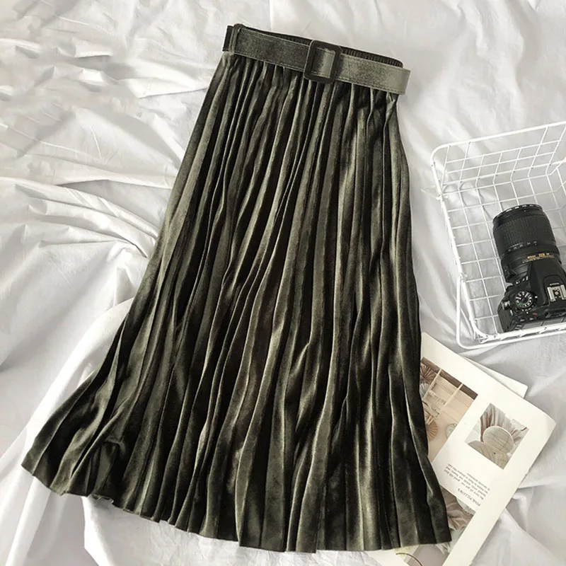 

2021 Spring And Autumn Velvet Pleated Skirt Solid High Waist Belt A-Line Elegant Office Elegant Vintage Winter Long Skirts