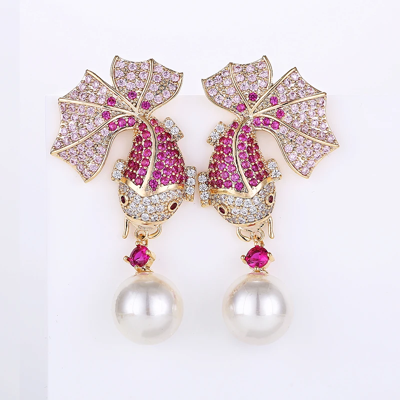 Модные серьги капельки в форме кои с фианитом и жемчугом виде животных золотой