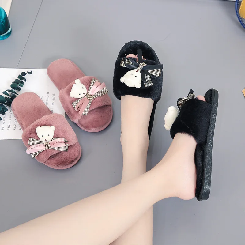 Серые зимние женские домашние тапочки с искусственным мехом Модные плюшевые