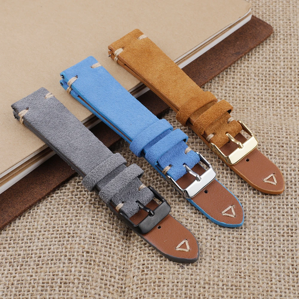 Suede Leather Watch Strap 18mm 19mm 20mm 21mm 22mm Grey Vintage Watch Band Replacement Wristband Handmade Stitching Watchband