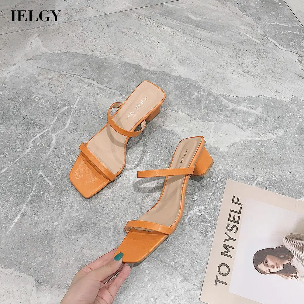 

IELGY stitching Orange Open toe breathable Simple Women's high-heeled sandals Stylish, stable Casual Heightened Thick heels