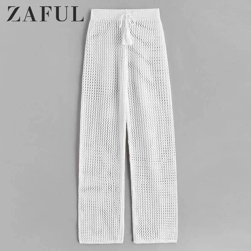 ZAFUL вязаные крючком пляжные штаны с завязками женские одноцветные сексуальные