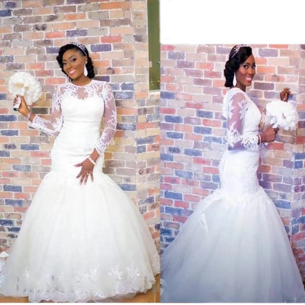 

Lace Mermaid Wedding Dresses long sleeve Sweep Train Tulle Puffy 2021 African Bridal Gowns Vestidos de novia