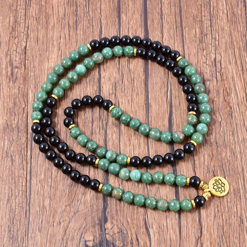 8mm Natural Black Onyx African Jaspr With Lotus, OM, Buddha Charm Pendant Bracelet 108 Japamala Calm Wrap Bracelet Yoga Gift