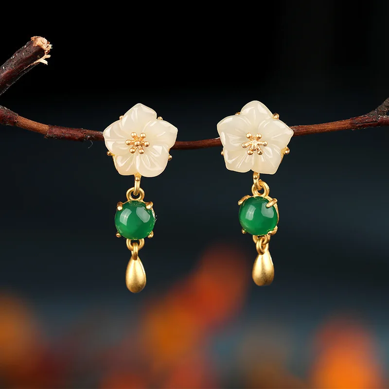 Женские серьги из 100% серебра 925 пробы инкрустированные нефритовыми лепестками