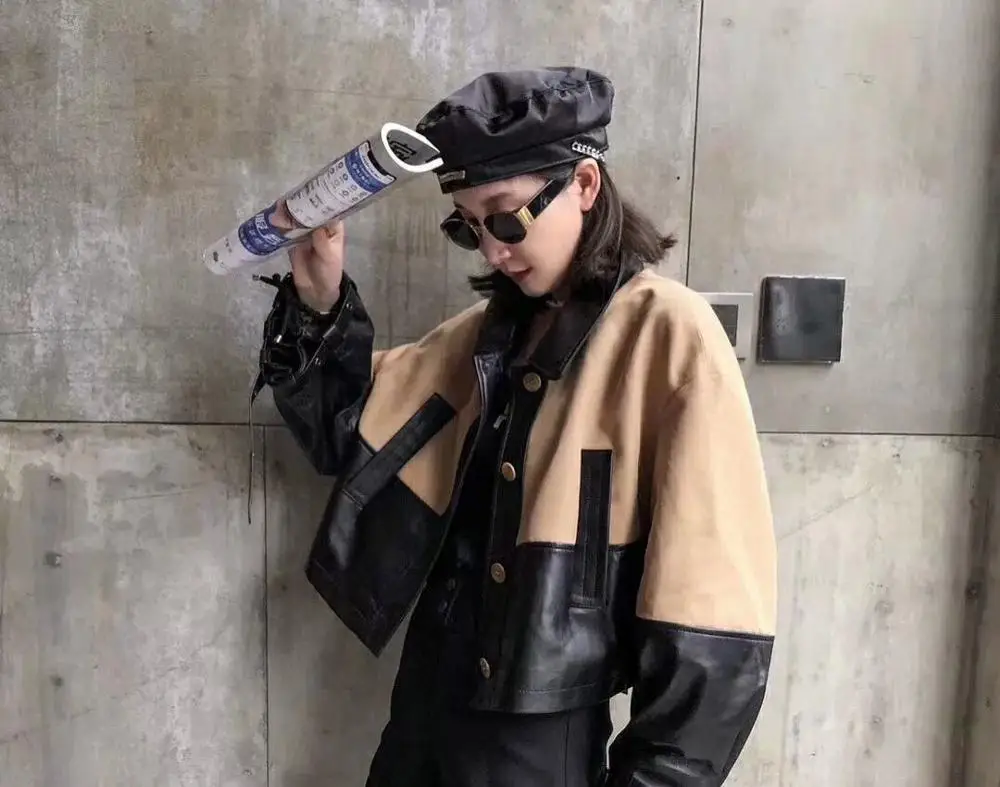 

Runway Style New 2020 Autumn Women Patchwork Short Jackets and Coats Vintage Single Breasted Leather Jacket