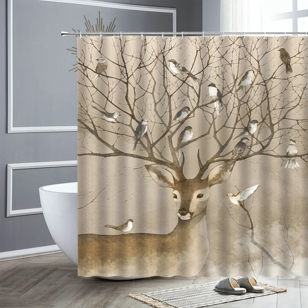 

Animals Shower Curtain Elk Forest Flowers Trees Birds Butterfly Waterproof Bathroom Decor Polyester Fabric Hooks Bath Curtains