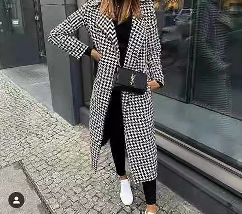 

Твидовое пальто с рисунком «гусиные лапки» в европейском и американском стиле, осенне-зимнее приталенное шерстяное пальто средней длины с ...