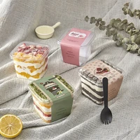 50pcs transparent square creative disposable cups 420ml thicken plastic cups with lid takeaway package pudding ice cream jelly