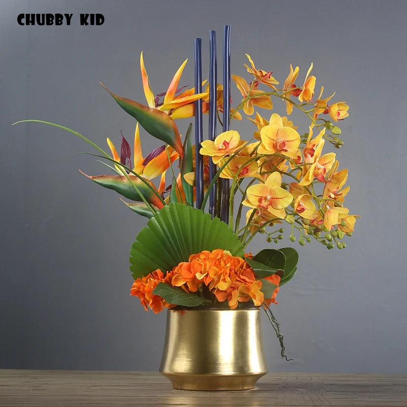 Goede Hoge Simulatie Bloemstuk Real Touch Kunstmatige Orchideeën Hemel Vogel Met Gouden Keramische Vaas Gele Bloem Art Pak