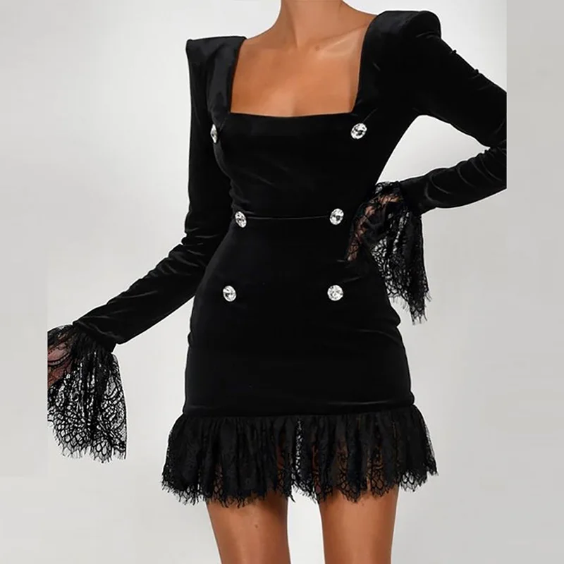 

Fashion Square Collar Black Dress Women Vintage Buttons Lace Long Sleeve Dress Lady Elegant Shoulder Pads Slim Mini Party Dress