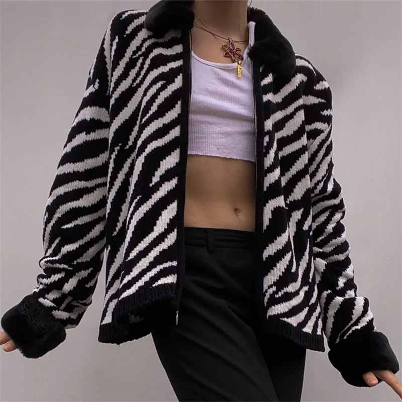 Модный женский вязаный кардиган с принтом зебры женские вязаные топы