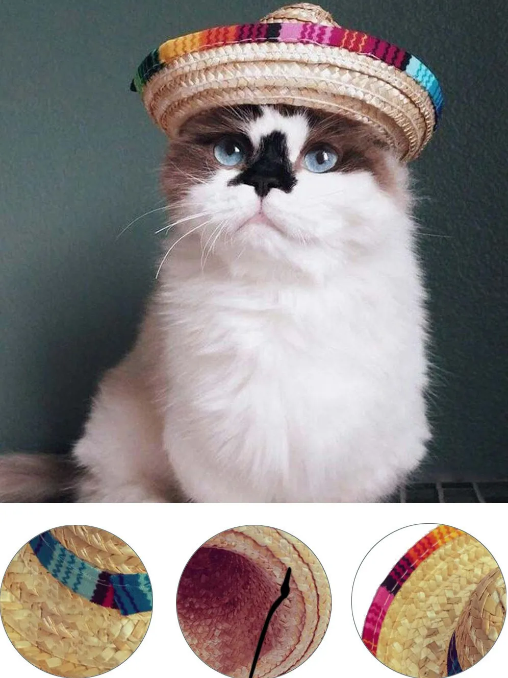 

Pet Cat Rainbow Straw Hat with Adjustable Elastic Tether Straw Briad Kitten Headwear Hat Cap Mexico Sombrero De Copa