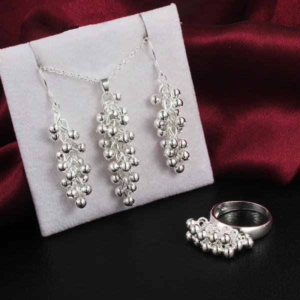 

Hot new 925 sterling Silver fine Grape beads pendant earrings ring necklace for women Jewelry set Fashion wedding Party gift