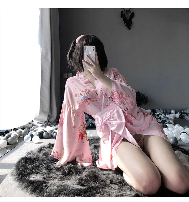 

Pink Cute Japanese Printed Kimono Bathrobe Sexy Cosplay Uniform For Women Soft Silk Belt 3Pcs Set Robe Av Costumes Pajamas