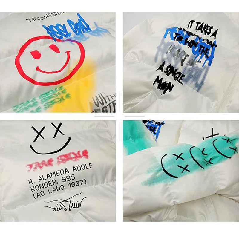 Hip Hop Happy Graffiti Print Bubble Parkas Men Harajuku Windbreaker Streetwear Jacket Winter Oversized Jacket Coats Warm Outwear