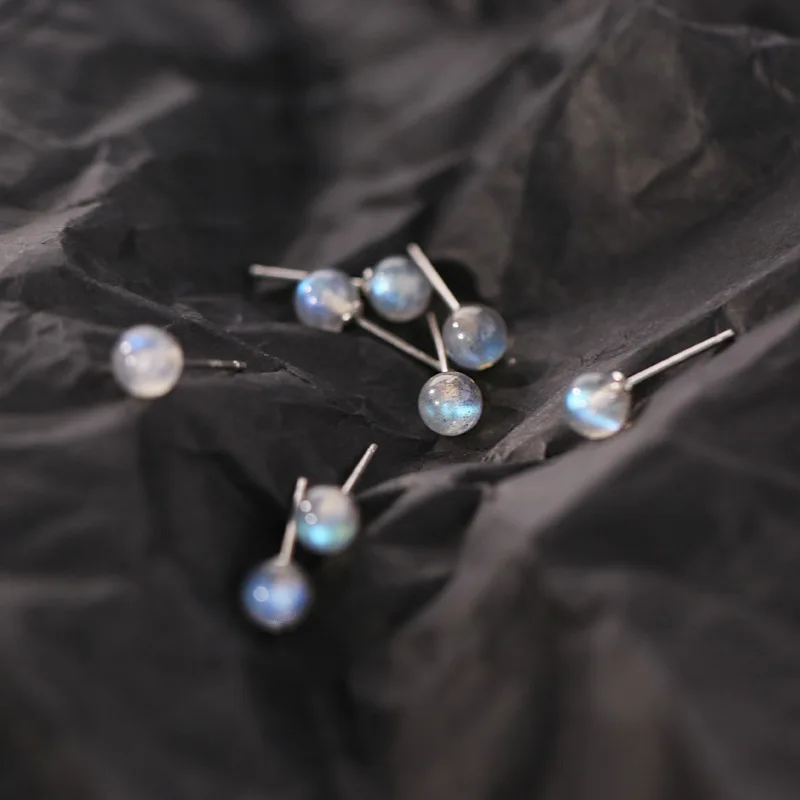 

925 Sterling Silver Moonstone Round Bead Piercing Stud Earrings For Women Girls Party Jewelry Pendientes eh1015
