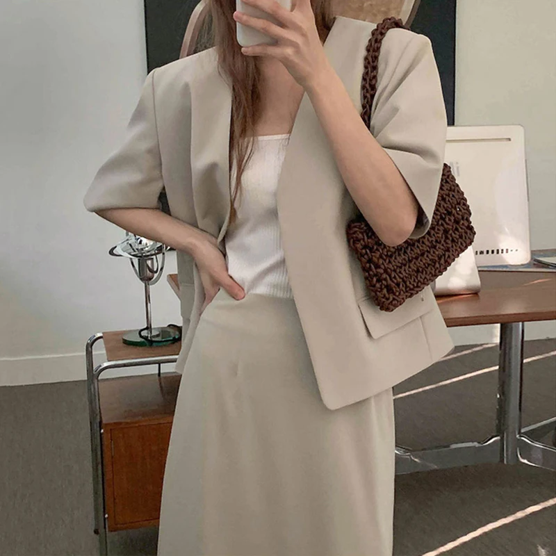 

Women Sets 2021 Summer Korean Chic Ladies French V-neck Loose Short Sleeve Cardigan Blazer High Waist Straight Skirt