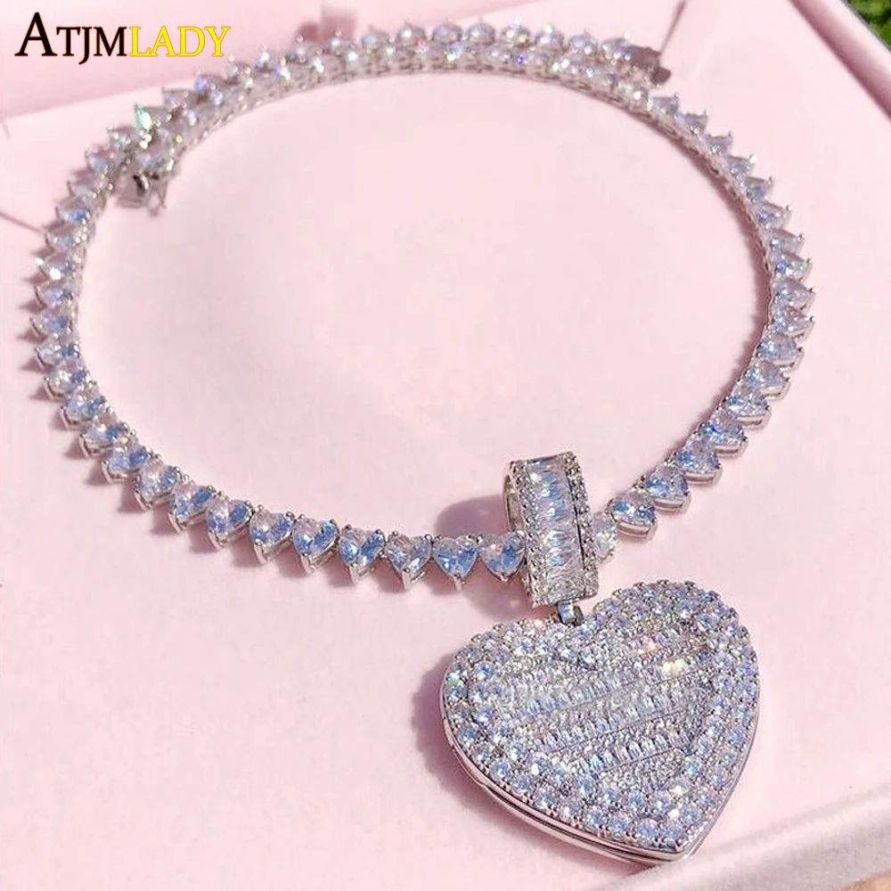 New Can Be Opened Heart-shaped Photo Pendant Necklace Iced Out Bling Hearts Chain Cubic Zirconia Charm Fashion Women Men Jewelry