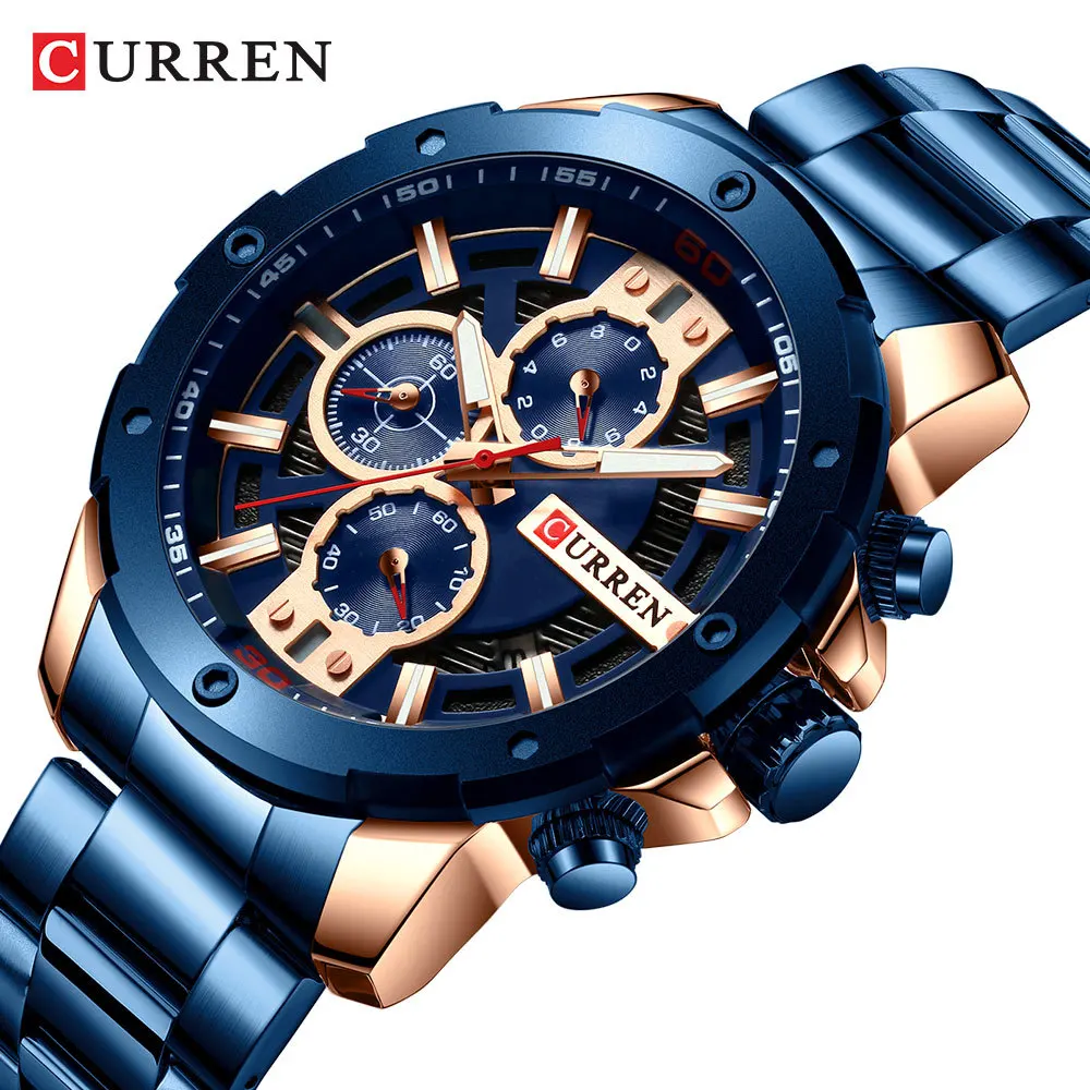 

CURREN 8336 Men's Chronograph Quartz Watch Blue Date Watch Stainless Steel Strap Business Waterproof Fashionable Hour Relojes