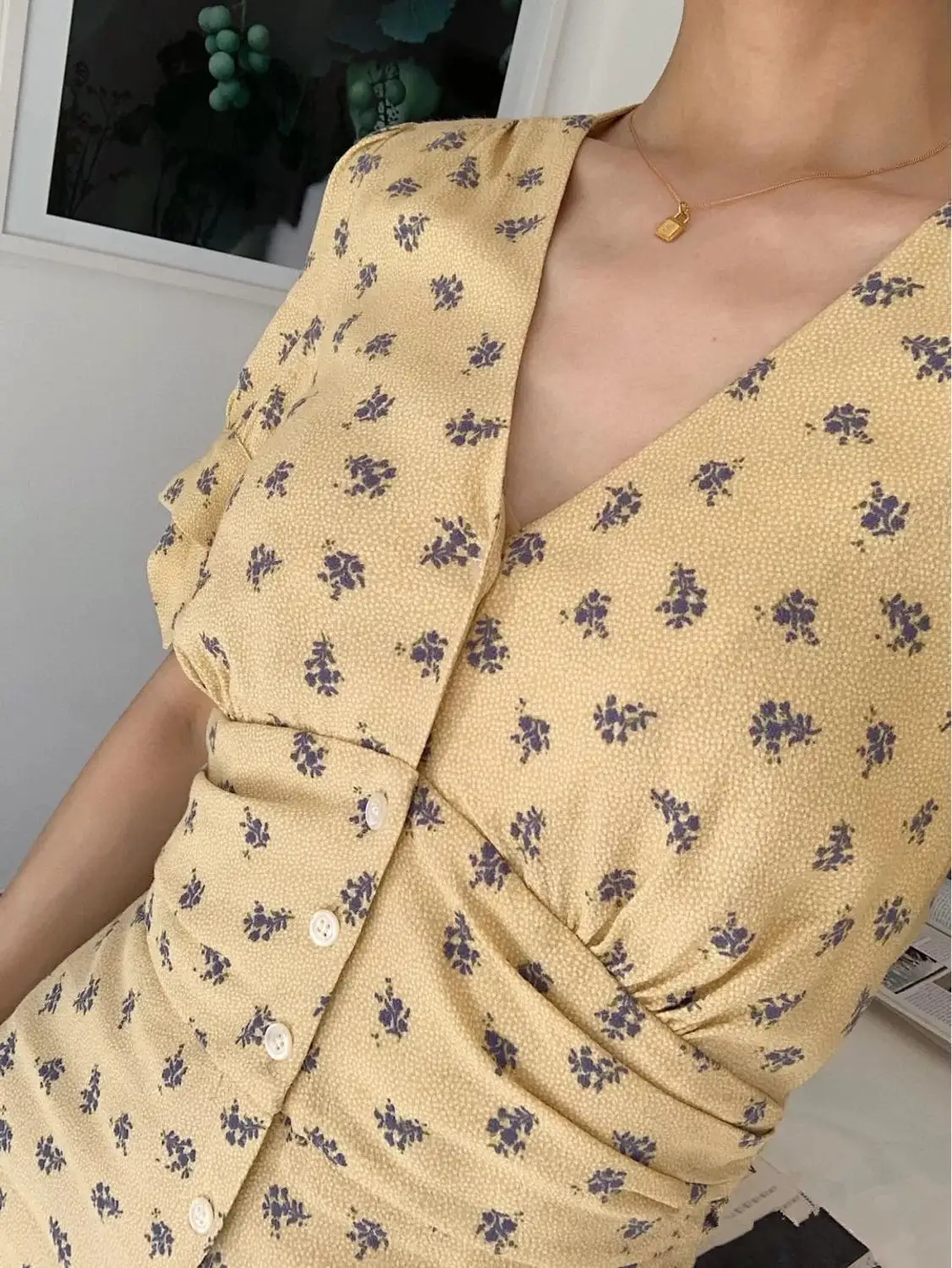 2020 женское платье миди с цветочным принтом однобортное желтое v-образным вырезом