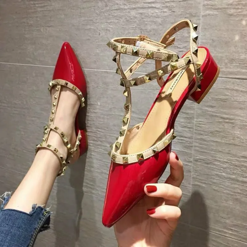 

Women's Sandals 2021New Baotou Word Buckle Thick Heel Pointed Rivets High Heels Fashion Women's Shoes Orange Wild Sandals Women