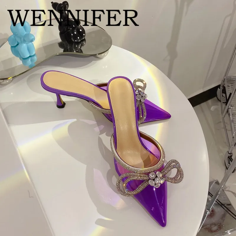 

2021 Violet Satin Leather Slip-On Mules Open Square Toe Pyramid Shape High Heel Slipper Nightclub Banquet Women Sandalias Shoes