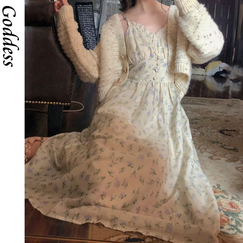 

Женское длинное кружевное платье, повседневное винтажное элегантное приталенное платье на бретелях с цветочным принтом, летнее сказочное ...