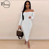 inwoman autumn sexy black dresses for women 2021 off shoulder long sleeve bodycon dress female ruched clubwear party maxi dress