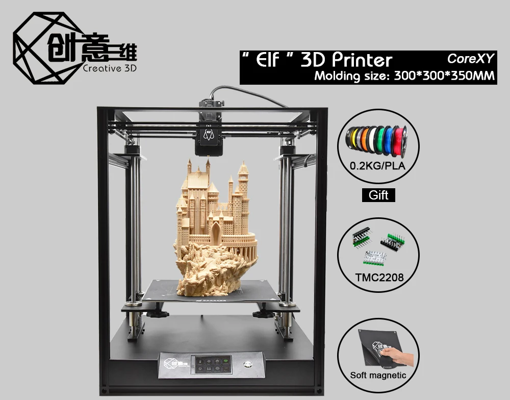 Creative3D BestNew CoreXY Elf двойной z axis 3d принтер, высокоточный алюминиевый профиль рама большая площадь