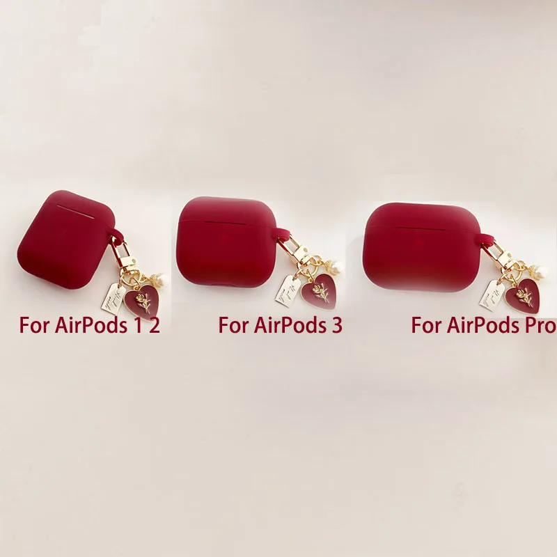 

Новинка, винно-красный мягкий силиконовый чехол для AirPods 3, беспроводный чехол для Airpods Pro 1, 2, чехол с жемчужиной и розой, брелок