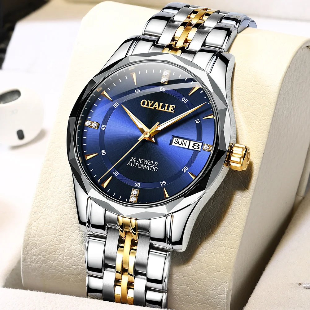 

Men's Automatic Mechanical Wristwatch top brand with double calendar tungsten steel watchband waterproof luxury male clock
