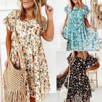 2021 new women dresses summer round neck floral print dress ruffle short sleeve a line mini dress sundress robe