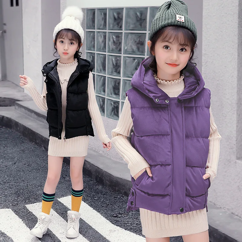 Длинный бархатный жилет для девочек 3 - 12 лет простые топы без рукавов с капюшоном